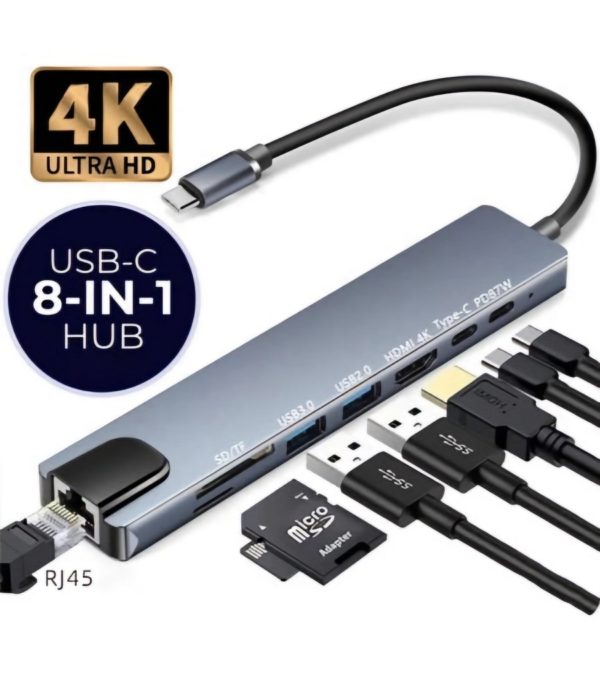Adaptateur 8en1 Type C - USB-C TO HD TV + SD/TF + USB3.0 + USB/C + PD + LAN