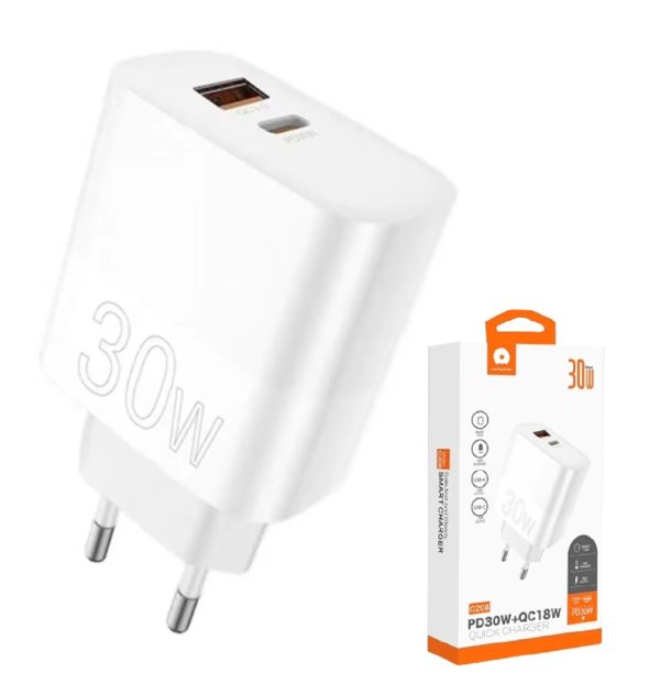WUW C208 Chargeur Mural Ultra Rapide 30W USB-C + USB QC3.0 18W