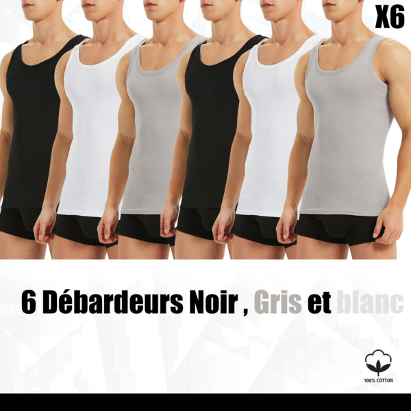 Lot 6 Débardeurs Pour Homme en Noir Gris et Blanc