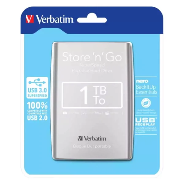 Disque dur portable USB Store ‘n’ Go 3.0 – 1 To – Gris – VERBATIM