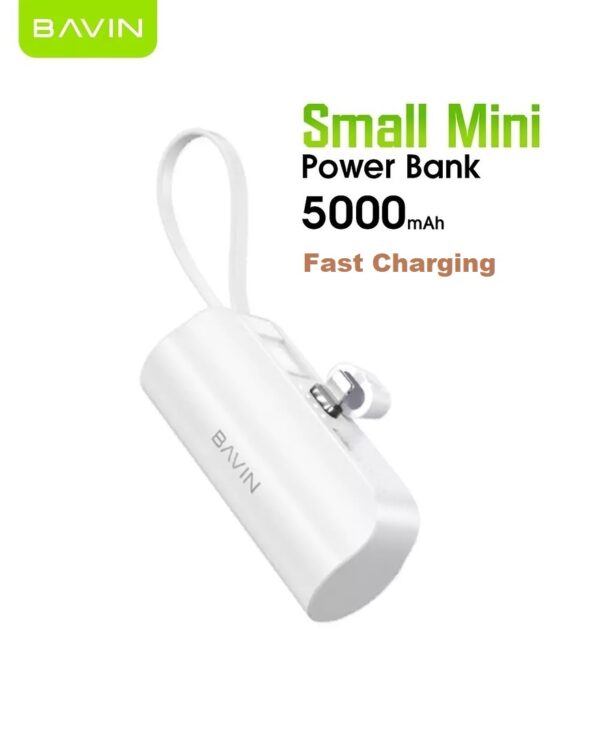 Mini Power Bank 5000mAh Charge Rapide avec Port Lightning et câble USB intégré & Support - Blanc