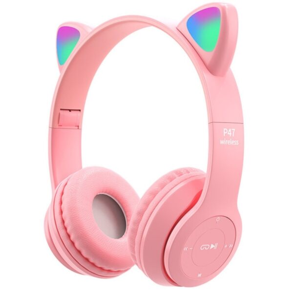 Casque Bluetooth Oreilles de Chat P47M avec Jeu de Lumière Rose