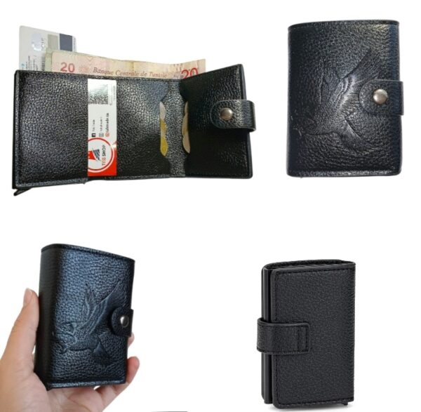 Portefeuille 2 en 1 Intelligent En Cuir Pour Cartes De Crédit – Billets De Banque – Métal Fin Pour Homme – Pliable – Noir